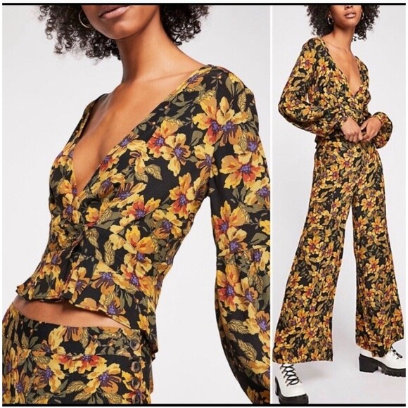Free People Pants - Free People Love Letter  Floral Printed Long Sleeve 2 Piece Pant Set Sz 6 NWOT